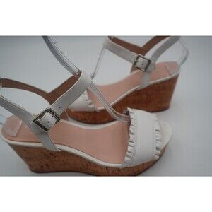 Kate Spade New York Women's Sz8.5M Tomas White Leather Ruffle Cork Wedge Sandals